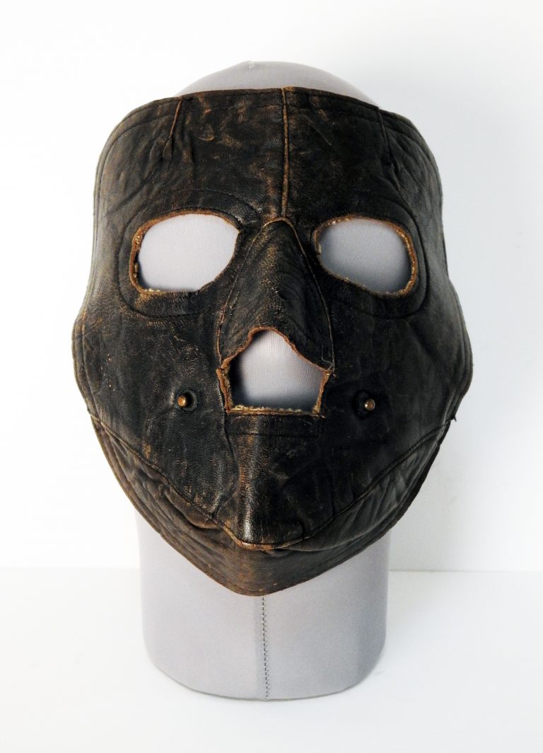 Leather Face Mask, 1922. Generously donated by Cliff Donnelly, 2006.160.1.