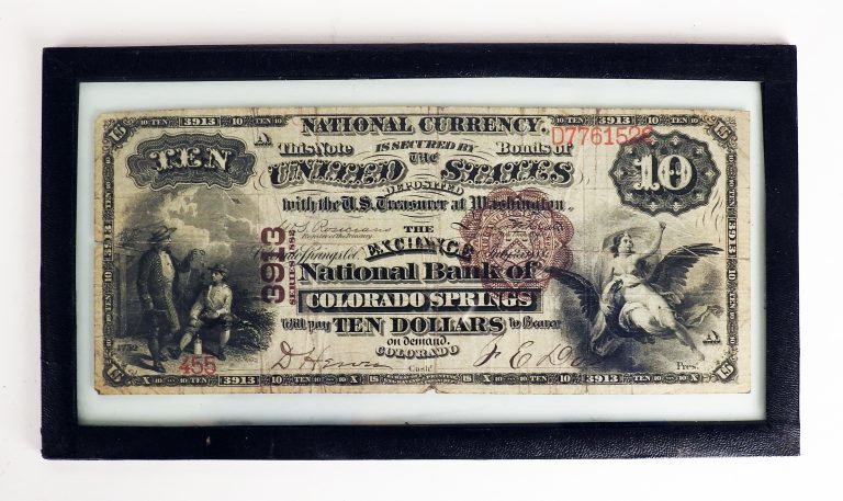 First Bank Note Produced by the Exchange National Bank of Colorado Springs, July 25, 1888. Generously Donated by Cynthia Dow, 2020.61.1.