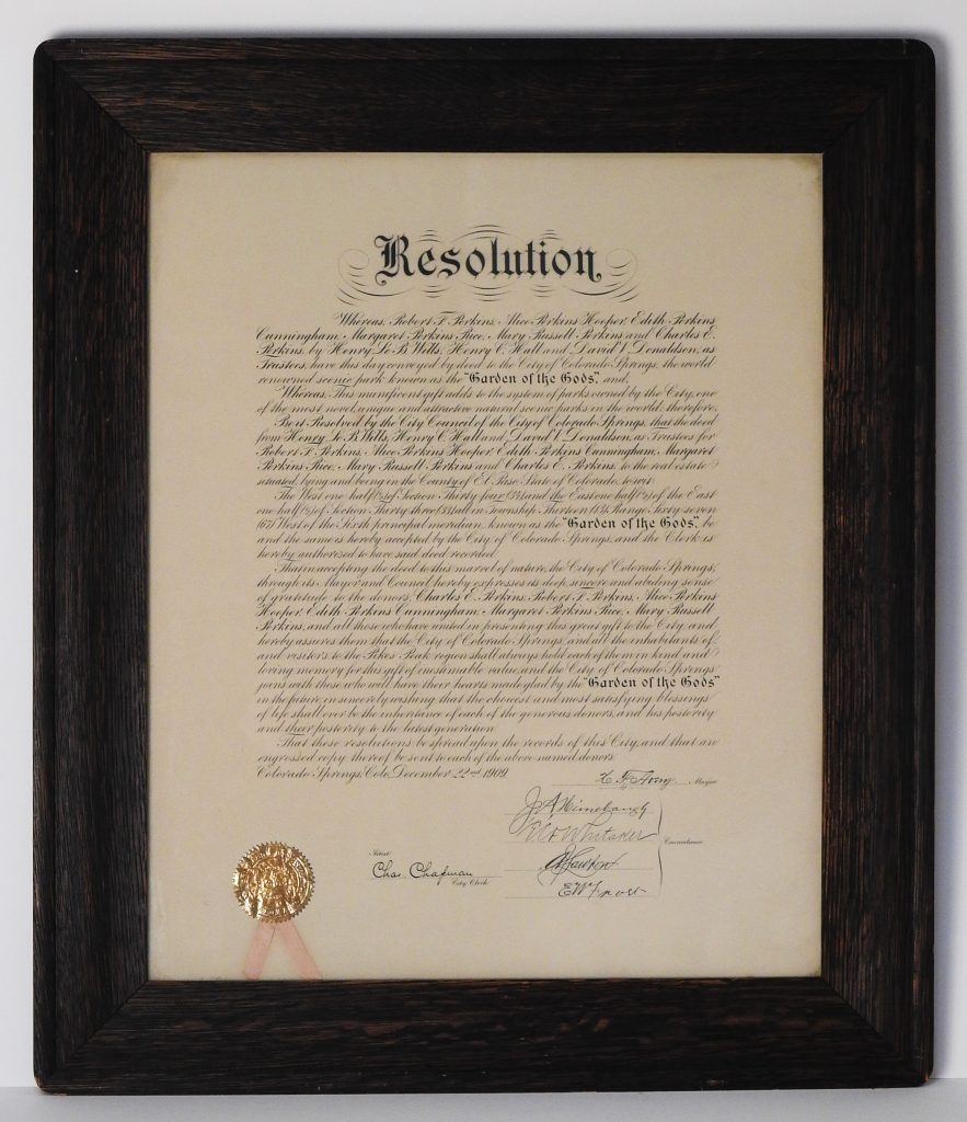 Garden of the Gods Resolution, December 22, 1909. CSPM Collection.