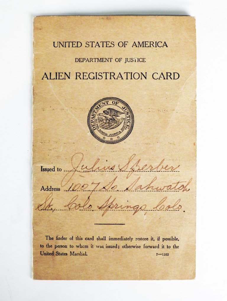 United States Alien ID Card for Julius Sperber of Colorado Springs, February 23, 1918, Generously Donated by Mark Jones. S2013.89.