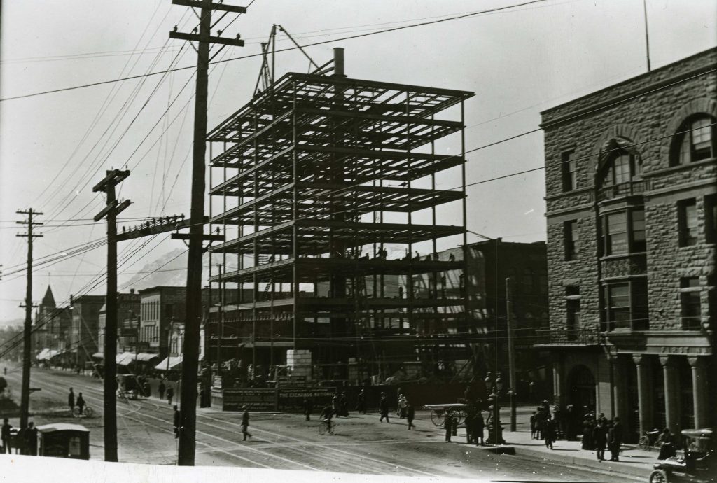The new Exchange National Bank, across from the First National Bank, under contstruction. Generously donated by Bank One of Colorado Springs, S996.357.