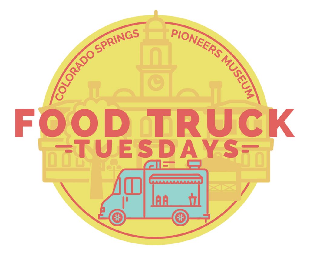 Food Truck Tuesdays logo is an illustration of a food truck parked in front of the Colorado Springs Pioneers Museum
