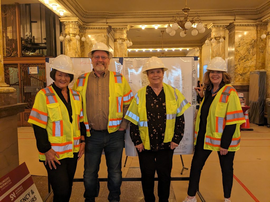 Clock Tower Society members were invited to a Hard Hat tour at the historic 1903 El Paso County Courthouse. Pictured Left to Right are: Barb Winter, Matt Mayberry, CSPM Director, Chrys Fotenos and Barbara Bates.