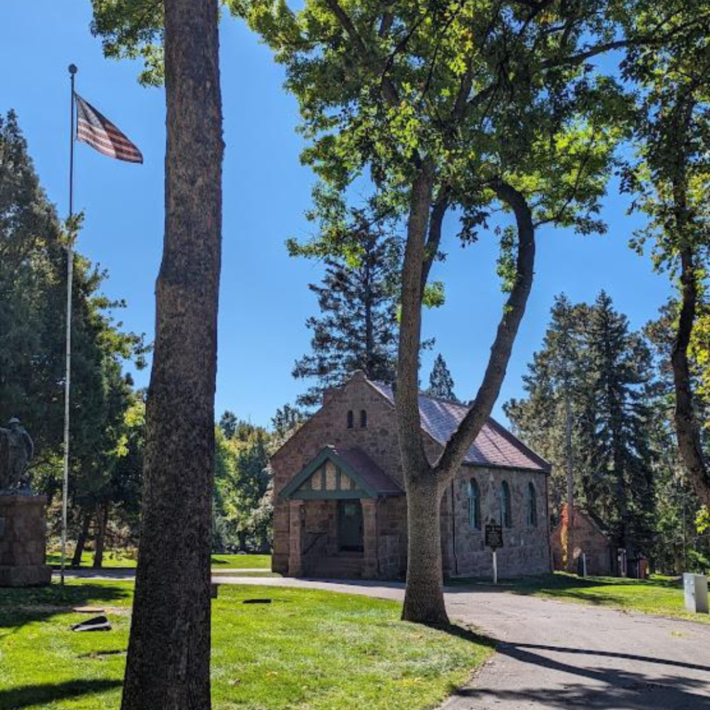 Evergreen Chapel on the cemetery grounds, 2023