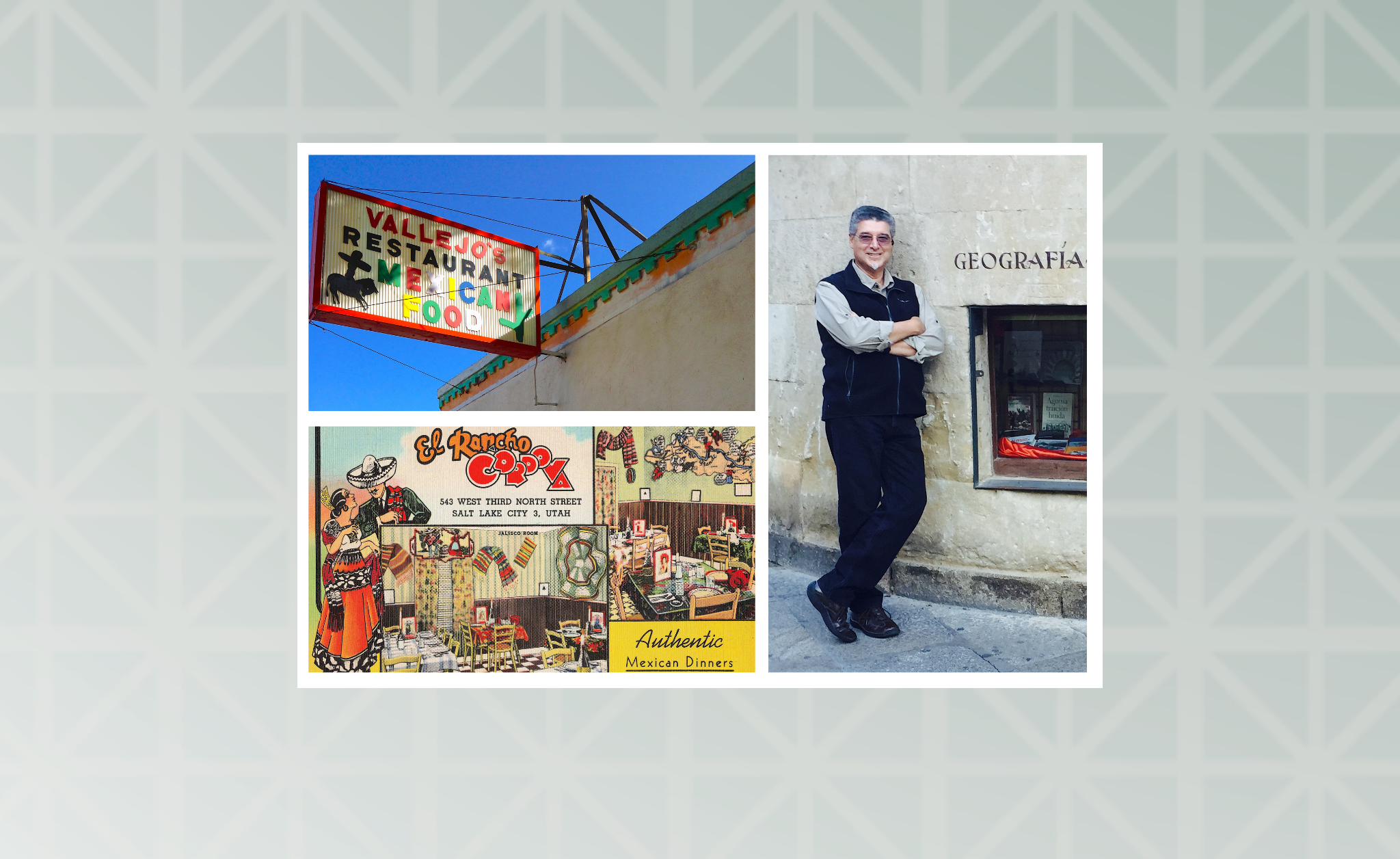August Lecture Series Promotional Photo which includes three different photos. Images clockwise from the top left: An outdoor sign of Vallejos Resturant Mexican Food, photo of Daniel Arreola leaning against a building, and a menu from El Rancho Corova which is colorful and shows a setting inside a mexican restaurant. At the bottom, it says Colorado Springs Pioneers Museum Lecture Series. From Chili Queens To Haute Cuisine: The Mexican Restaurant Across Time and Place, Presented by: Daniel Arreola, Saturday, August 10, 2024, 2:00 - 3:00 p.m.