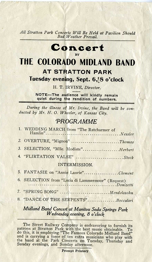 Program, The Colorado Midland Band Concert at Stratton, ca. 1915. Generously donated by Kenneth L. Gaunt, A88-18-23