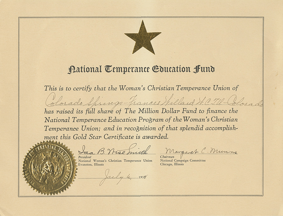 Fundraising certificate presented to Colorado Springs WCTU, 1938