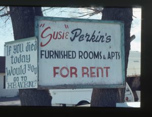 Sign for Susie Perkins Apartments in Colorado Springs, ca. 1970