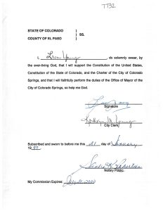 Oath of Service signed by Leon Young to become Mayor of Colorado Springs.