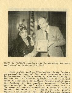 In 1982, NHACS awarded Susie Perkins with the Outstanding Achievement Award in Business.