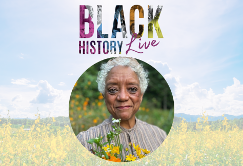 Becky Stone holding wildflowers, portraying Mary Fields.