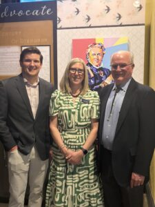 Connor Caretta, grandson of James Egan, Leah Davis Witherow, CSPM Curator of History, and Jake Emery, family member of the Helen Hunt Jackson Family.