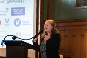 Development Director Diane Barber Stine speaking at the Gift of History event.