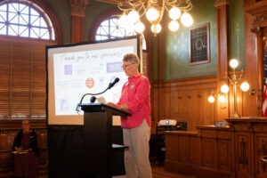 CSPM Board President, Nancy Bernard, speaking at the Gift of History event on May 14, 2026.