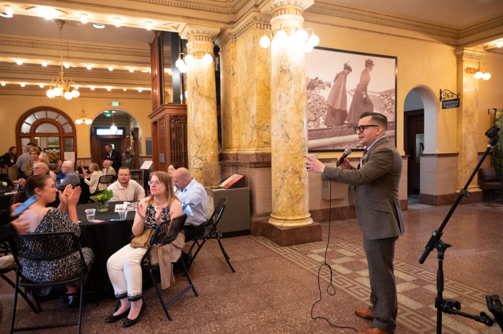Dr. José Antonio Arellano providing an update to the Gift of History attendees, Colorado Springs Pioneers Museum.