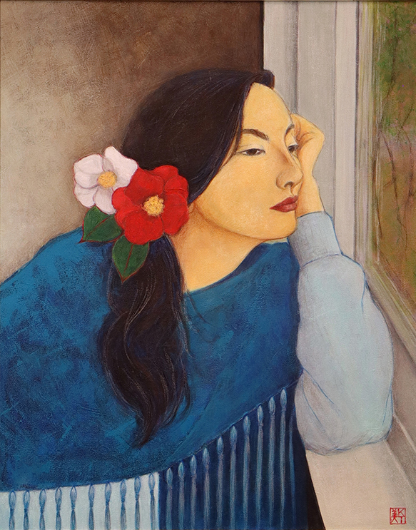 “Red and White Camellia Japonica”, Kumi Thompson, Mixed Media