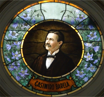 Photograph of the stained-glass window honoring Casimiro Barela in the third floor rotunda at the Colorado State Capitol building.